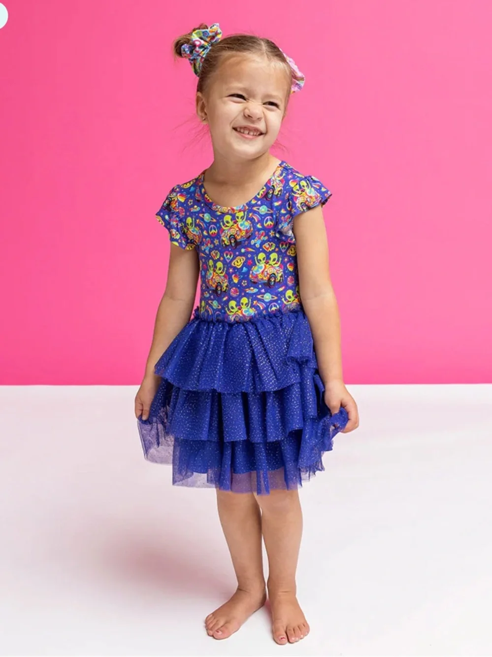 Posh Peanut Lisa Frank Zoomer & Zorbit Ruffled Cap Sleeve Tulle Dress